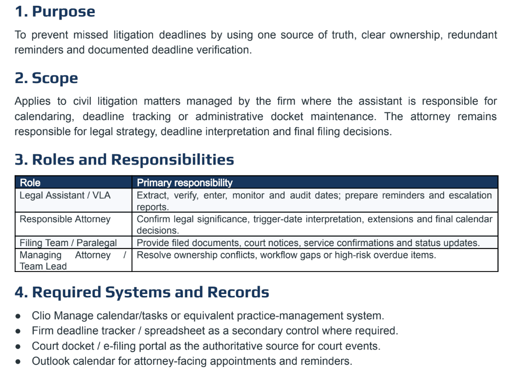Calendar management SOP describing responsibilities, date verification and required records