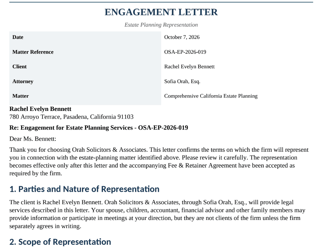 Engagement letter showing matter scope and engagement terms