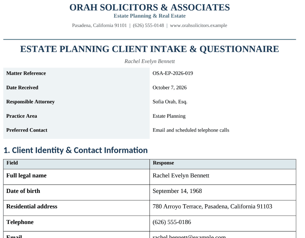 Client-intake questionnaire showing matter details and information-gathering fields