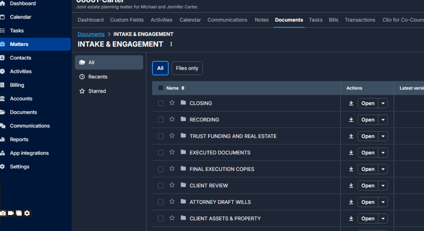 Clio matter showing intake and engagement document folders