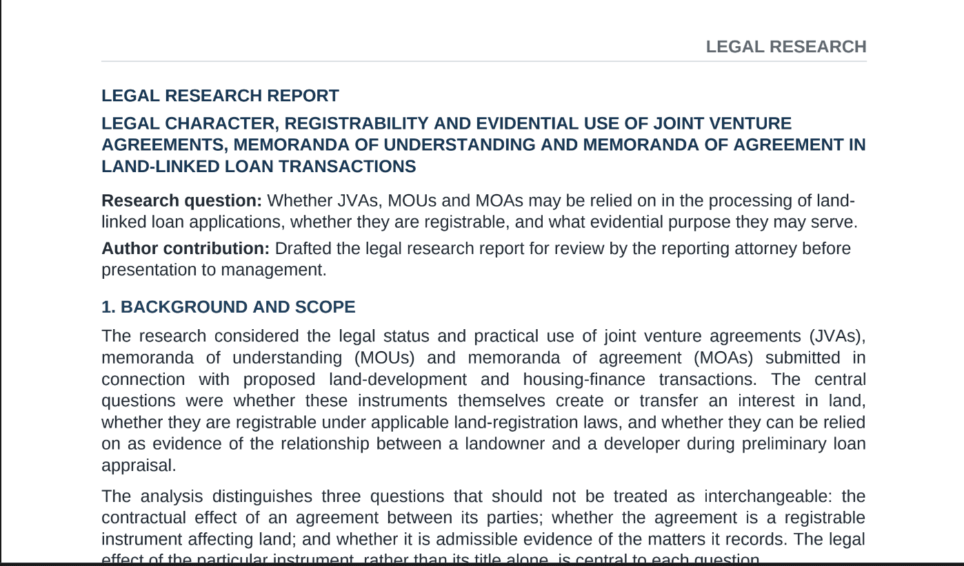 Legal research report on joint venture agreements, MOUs and MOAs in land-linked loan transactions