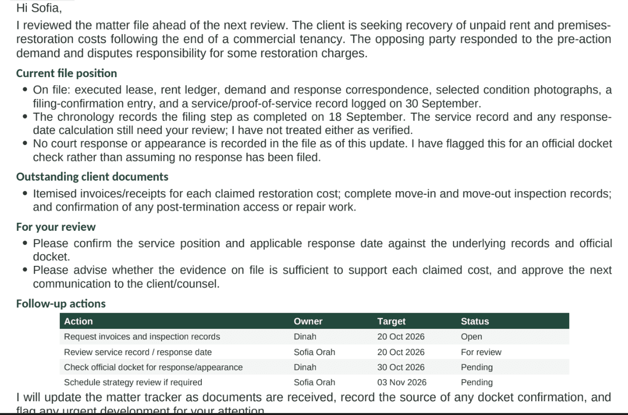Matter-status report with file position, outstanding documents and follow-up actions