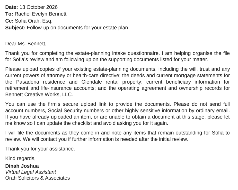 Follow-up email requesting outstanding documents and explaining how they will be tracked